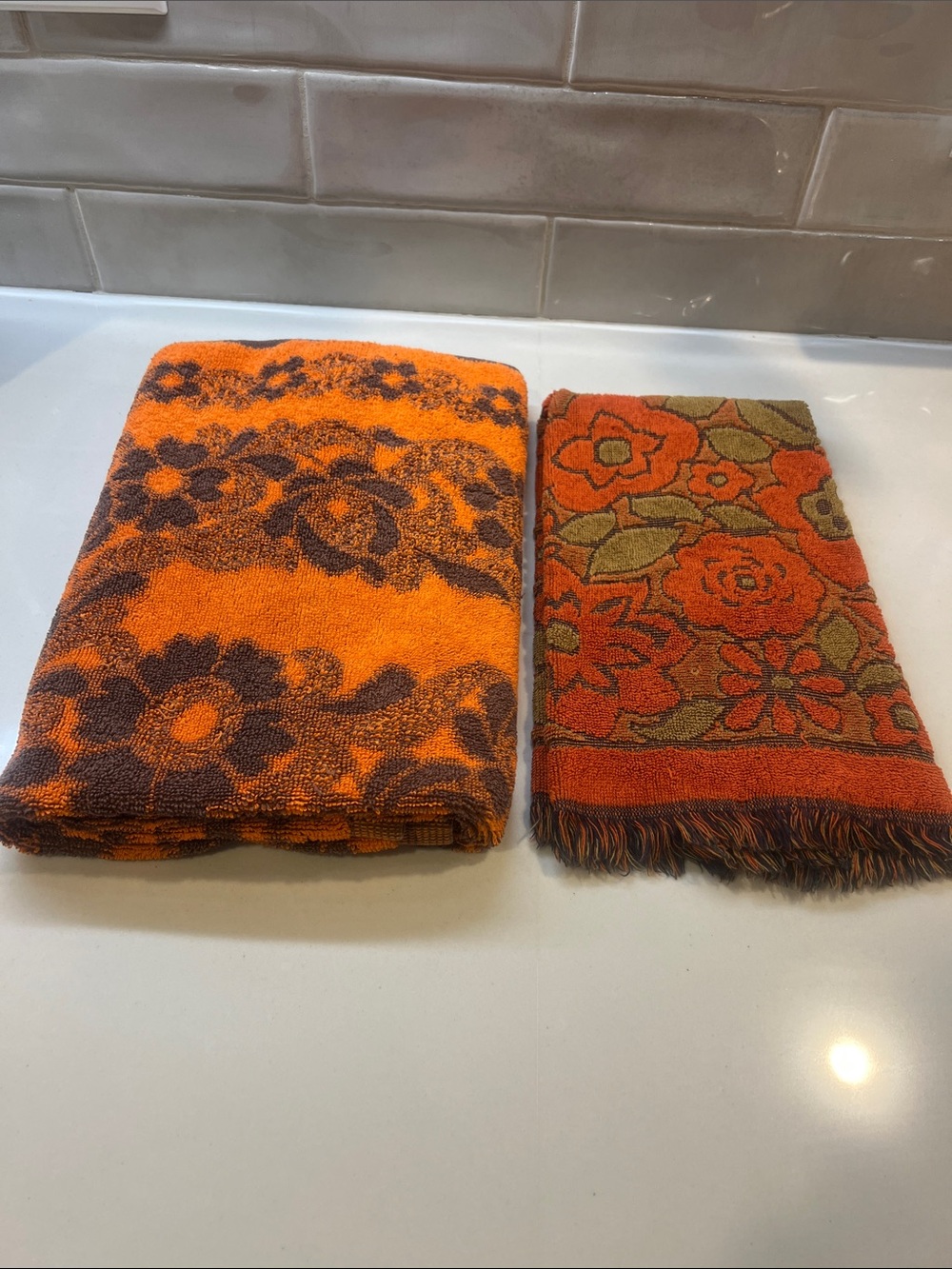Callaway Vintage 60's Mustard and Orange Floral Cotton Towel with Fringed Edge